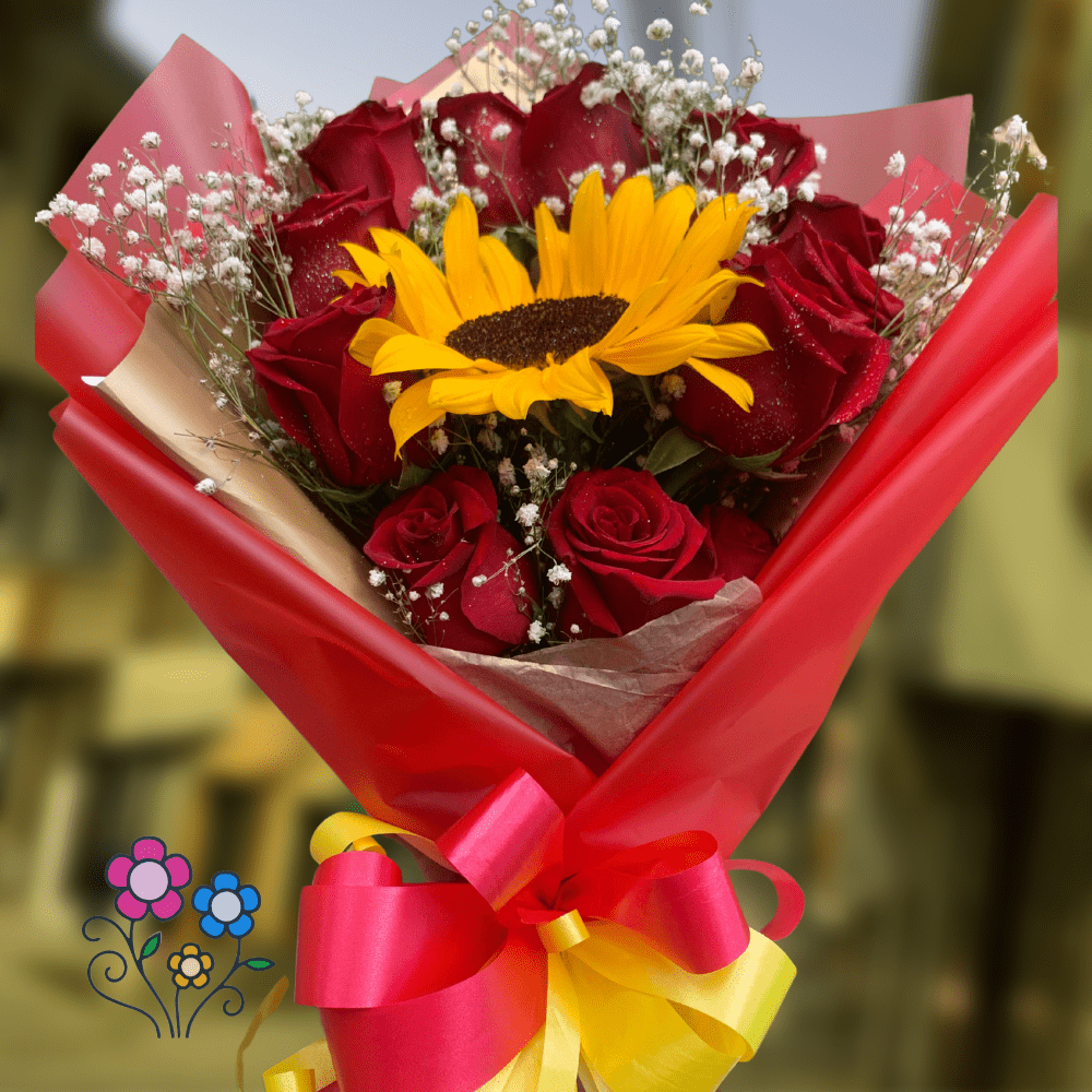 Rayito de sol Floristeria Victoria Pasto Arreglo de girasol con rosas rojas-min
